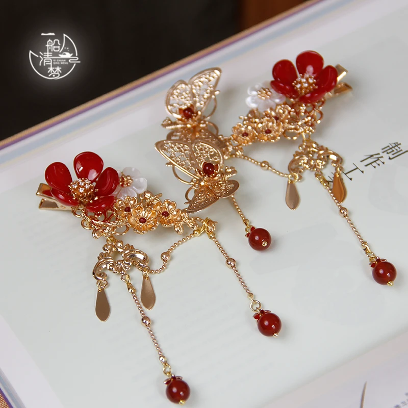 一船清梦红色蝴蝶流苏发卡发夹复古古风国风中式古典