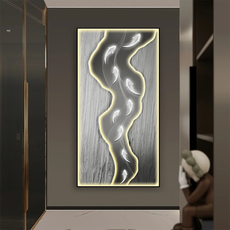 九鱼图入户玄关装饰画LED灯画现代轻奢走廊过道挂画高级感发光画