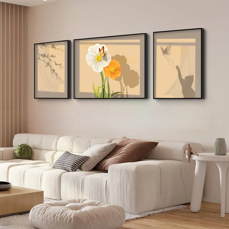 【花与影】治愈系沙发背景墙装饰画轻奢现代客厅挂画花卉三联壁画