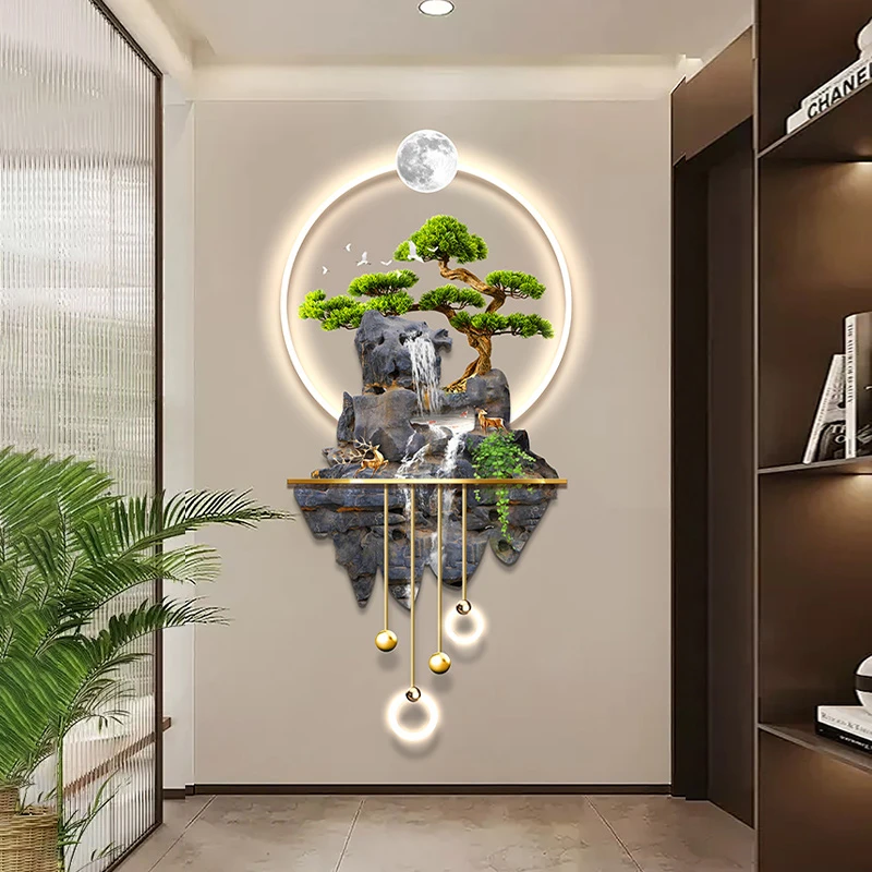 轻奢流水生财进门正对墙壁画立体高档发光玄关装饰画走廊过道挂画