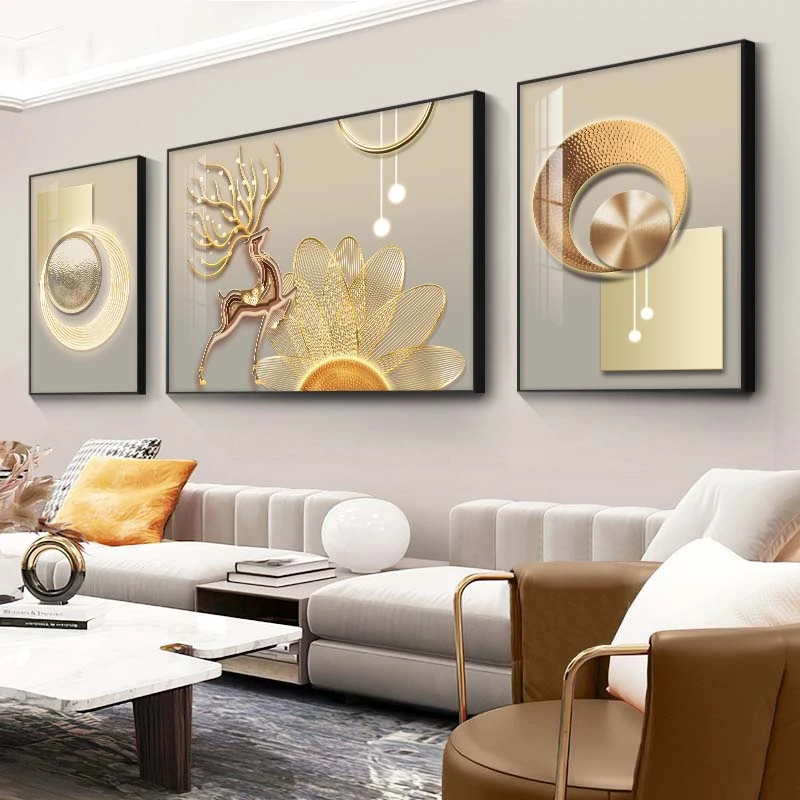 《时光麋鹿》客厅装饰画沙发背景墙挂画高档大气墙画三联装饰壁画