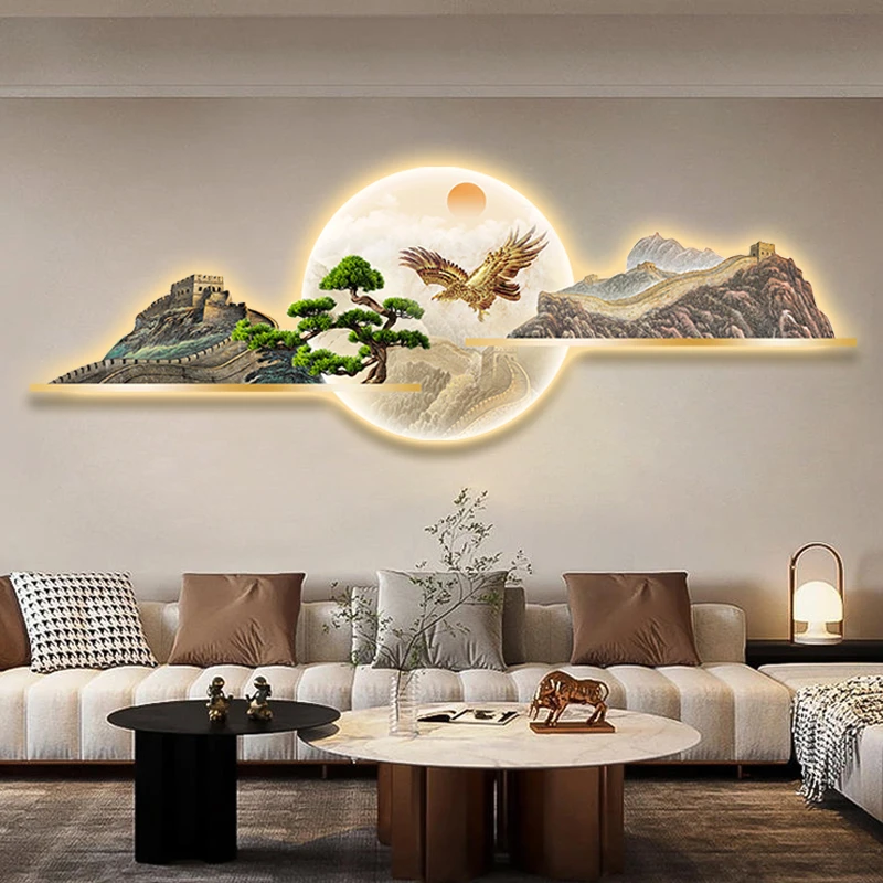 新中式轻奢客厅装饰画现代沙发背景墙壁画迎客松大气山水风景挂画