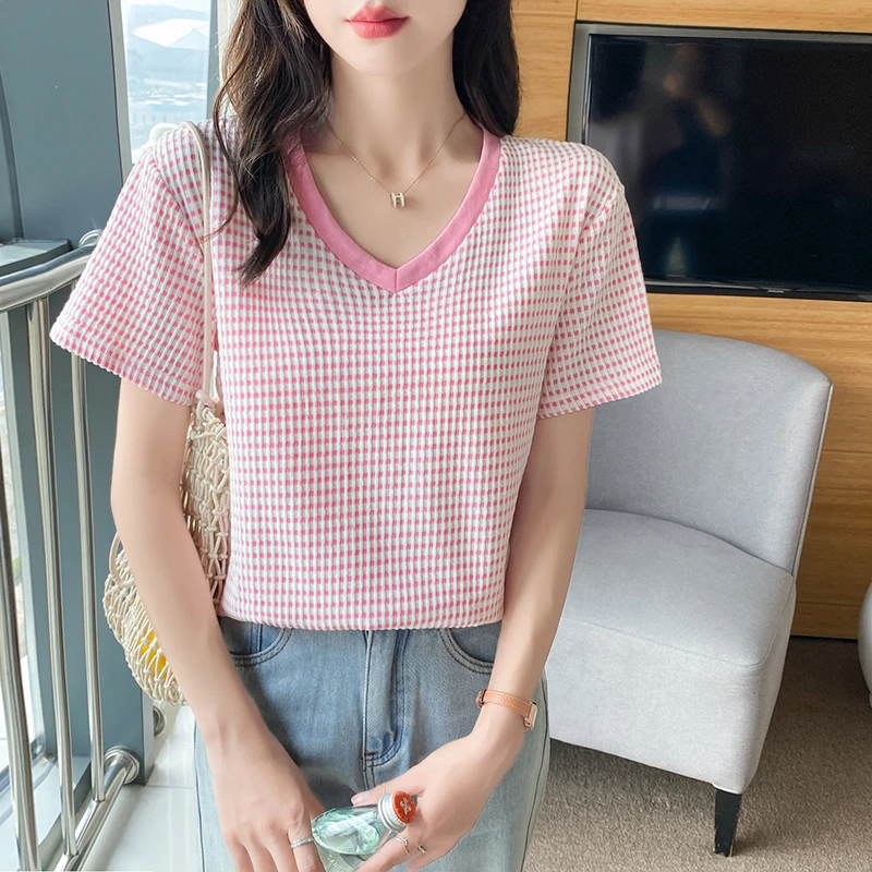 韩版正肩V领条纹短袖T恤衫粉色格子显瘦女装大码宽松显瘦上衣服夏