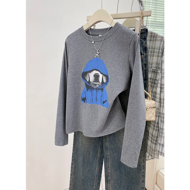 卡通小狗印花长袖T恤2025秋季新款小众百搭上衣服宽松显瘦打底衫