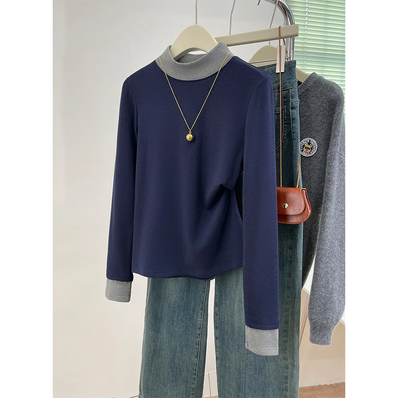 秋冬撞色半高领长袖打底衫设计感显瘦女装t恤chic别致休闲女装潮