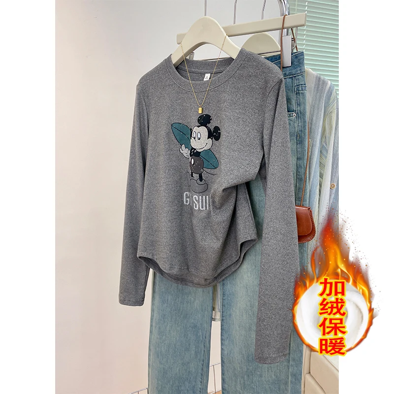 卡通印花长袖T恤秋冬新款加绒加厚女装上衣服宽松显瘦打底衫ins潮