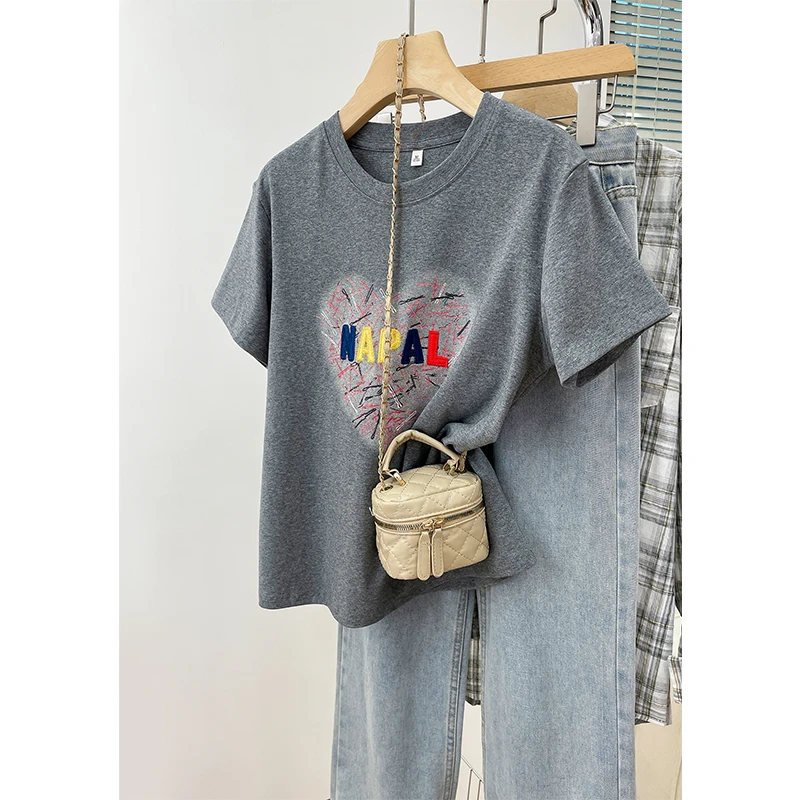 爱心字母刺绣短袖T恤衫韩系设计感显瘦女装个性潮流洋气上衣服夏