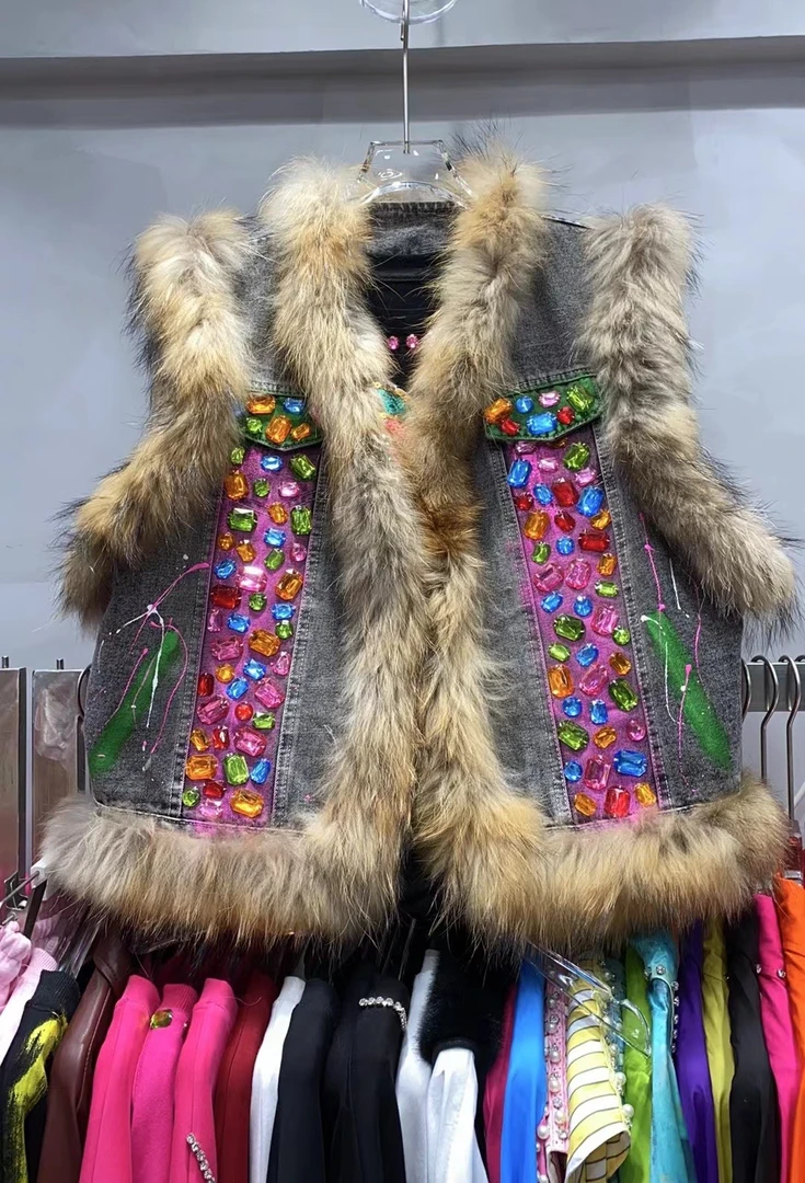 刘媛媛欧货 新款重工串珠真毛毛牛仔宽松手绘马夹