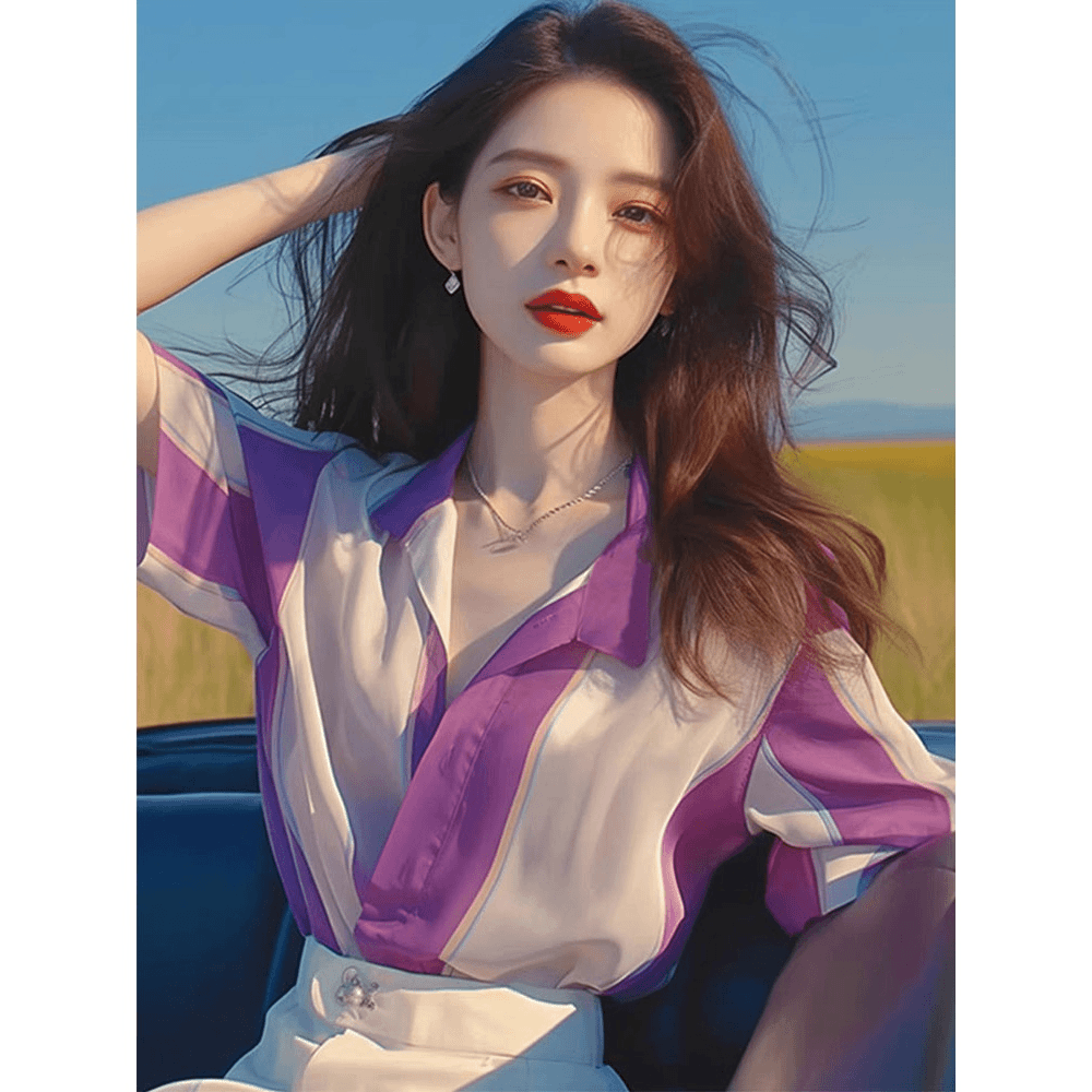 法式独特小上衣超好看女夏装2024年别致绝美紫色短袖雪纺衬衫