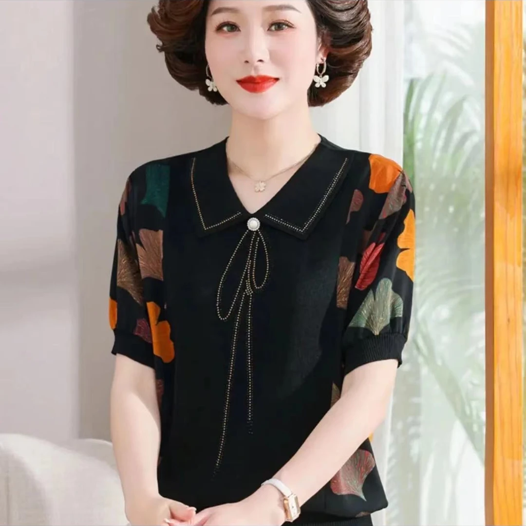 【丽姐家】夏季新款妈妈装时尚洋气遮肚显瘦中老年薄款短袖上衣