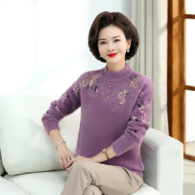 【丽姐家】秋冬加绒加厚妈妈装针织毛衣女士半高领宽松保暖冬季上衣