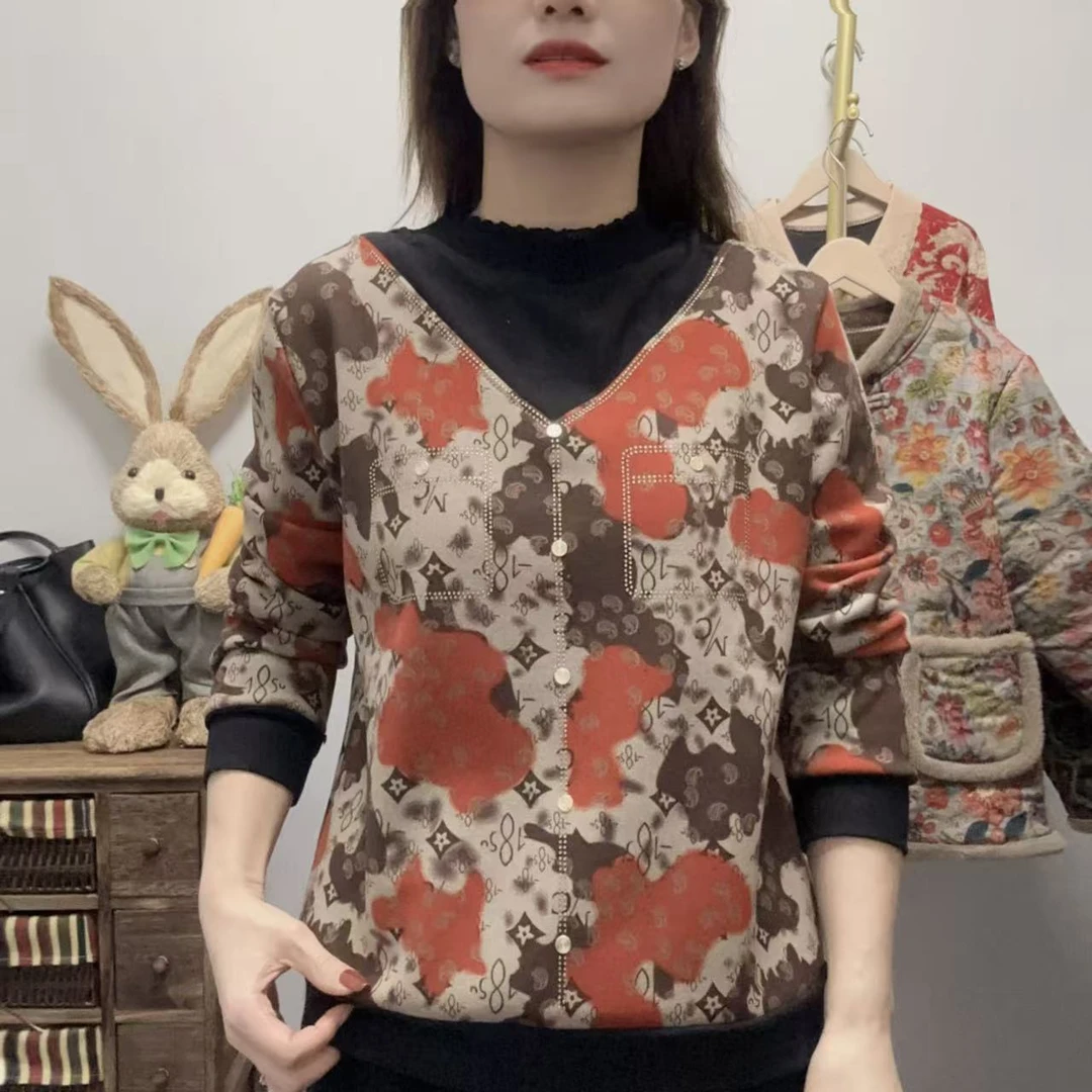 【丽姐家】秋冬新款加绒加厚拼接保暖打底长袖女士时尚洋气百搭上衣