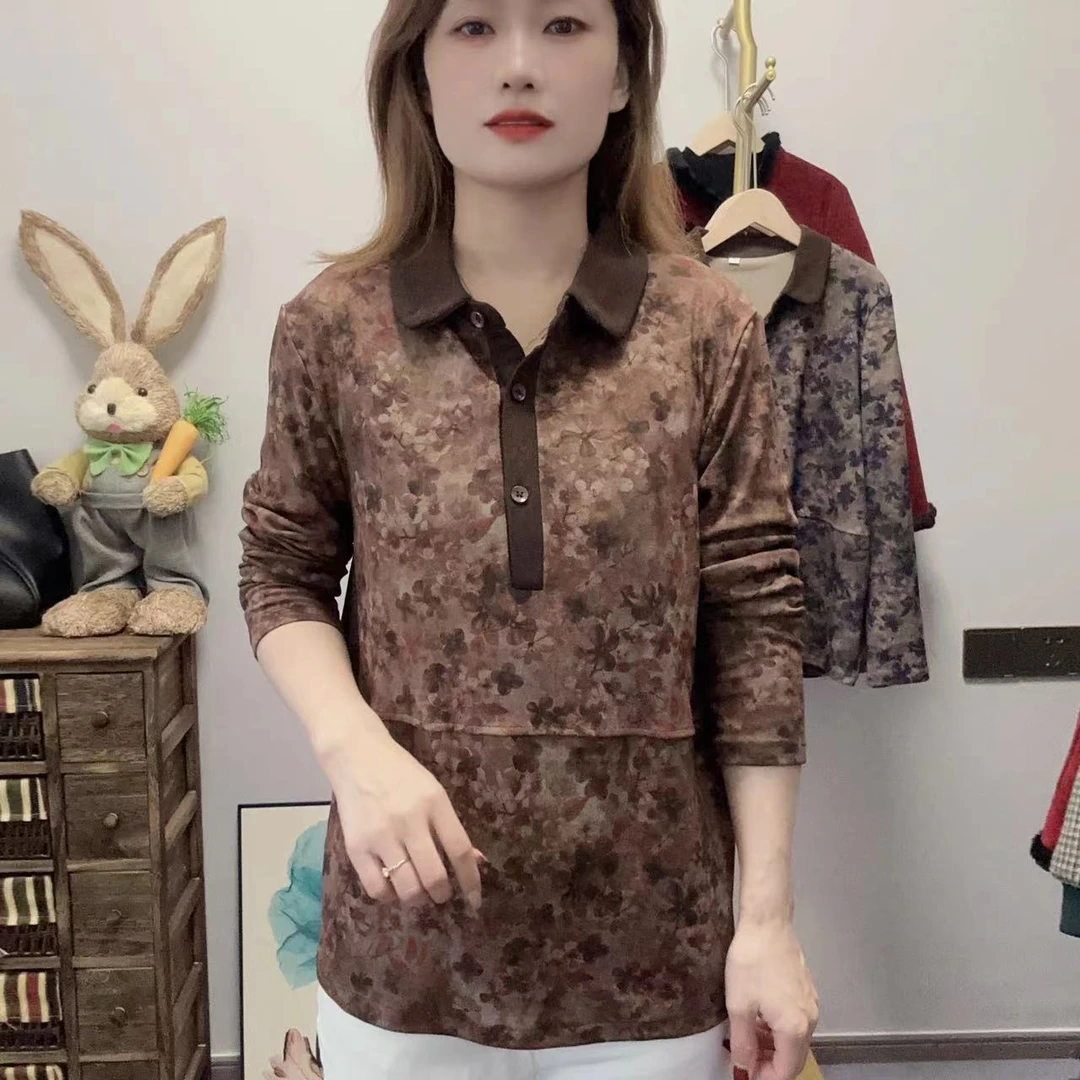【丽姐家】秋冬新款妈妈装休闲打底长袖时尚洋气印花秋季显瘦上衣