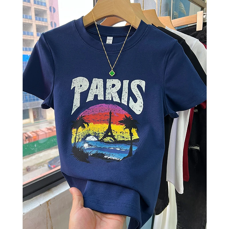 正肩短袖t恤女夏季新款棉T修身显瘦百搭圆领印花半袖时尚上衣ins