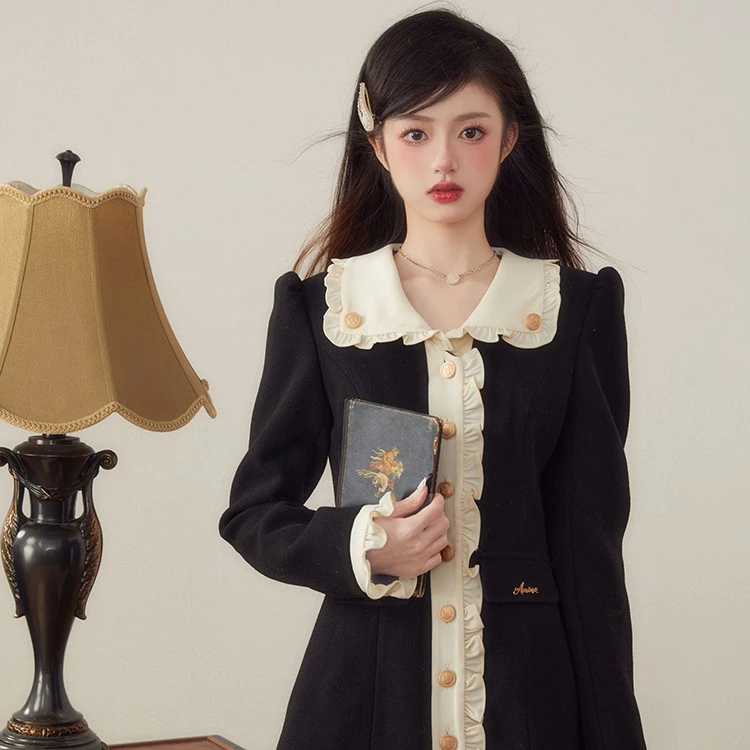 Acaine阿彩呢 弗丽千金/裙子女新款2022年秋款复古拼色呢料连衣裙