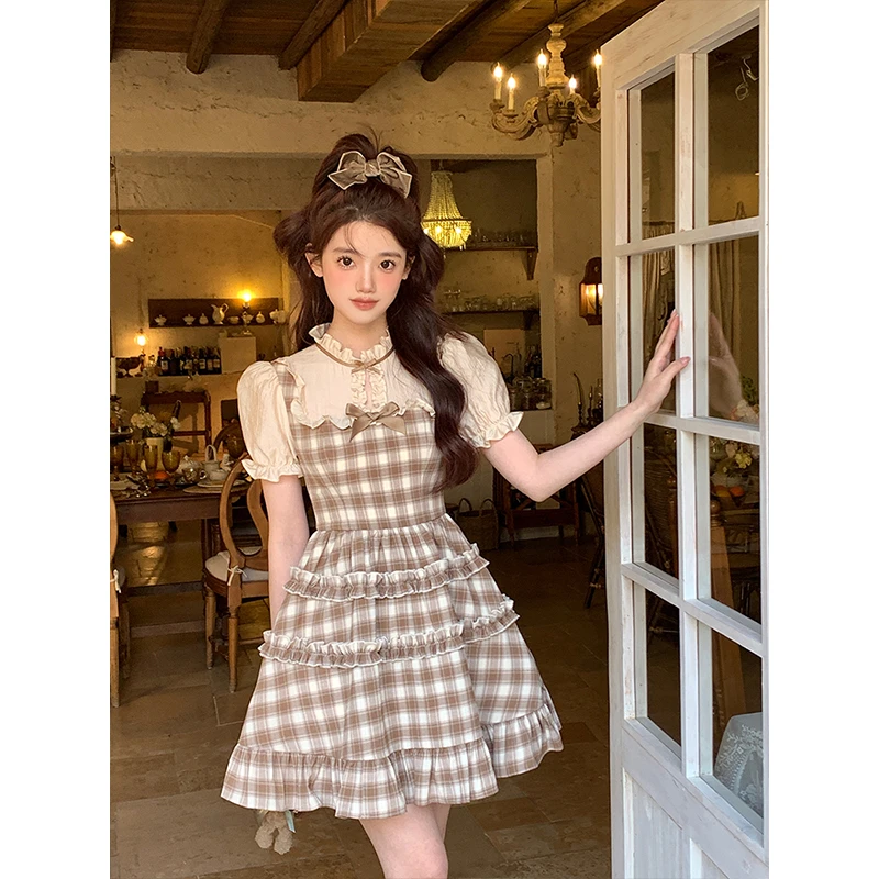 Acainea阿彩呢拉花玛奇朵/裙子小众设计感复古甜美少女格纹连衣裙