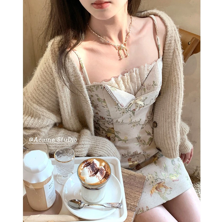 Acaine【中古画报】名媛吊带裙法式提花收腰连衣裙2023新款女早秋