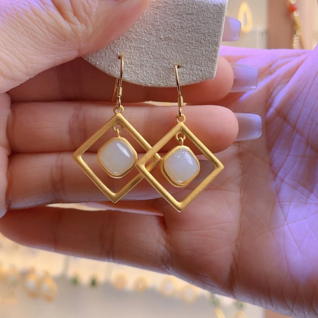 【闪购商品】和田玉耳饰银S925镀金镶嵌