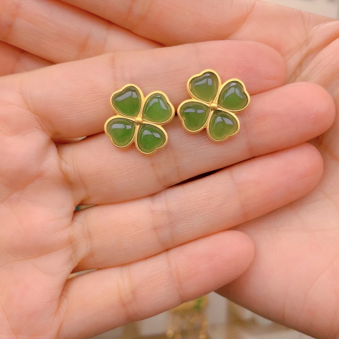 和田玉耳饰银S925镀金镶嵌