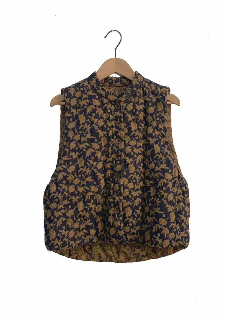 山山家-左岸迷香【短马甲】Z24FW6007亚麻棉宽松复古花色立领国潮冬