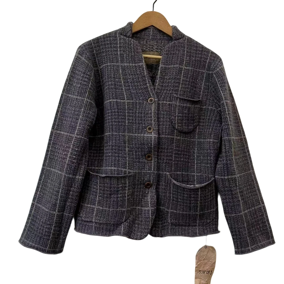 7折山山家-左岸迷香【毛衣】53804小香风气质短款格纹秋冬女士开衫