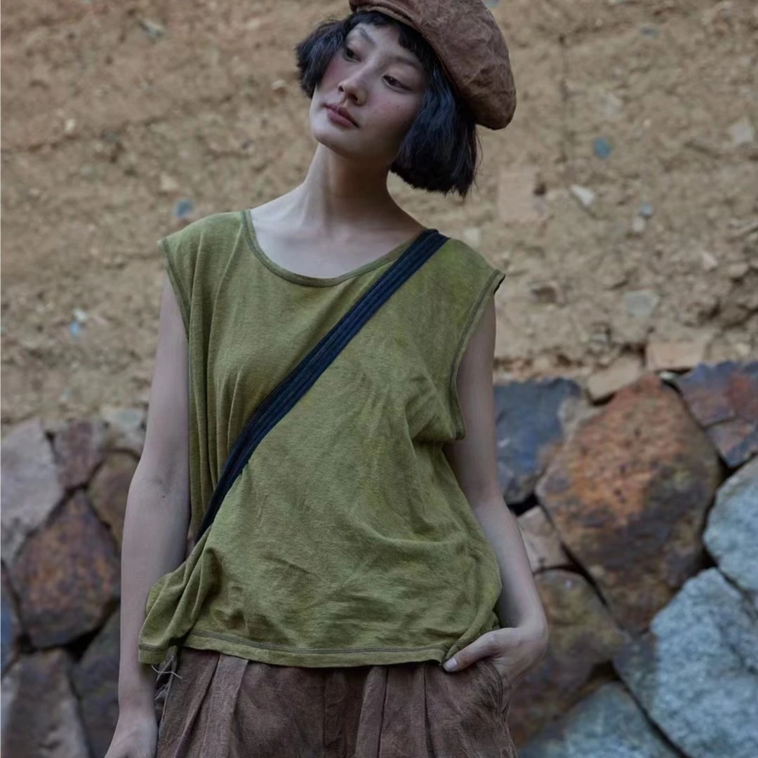 山山家-左岸迷香背心【植物染】Z23SS4002宽松纯色无袖圆领做旧夏季