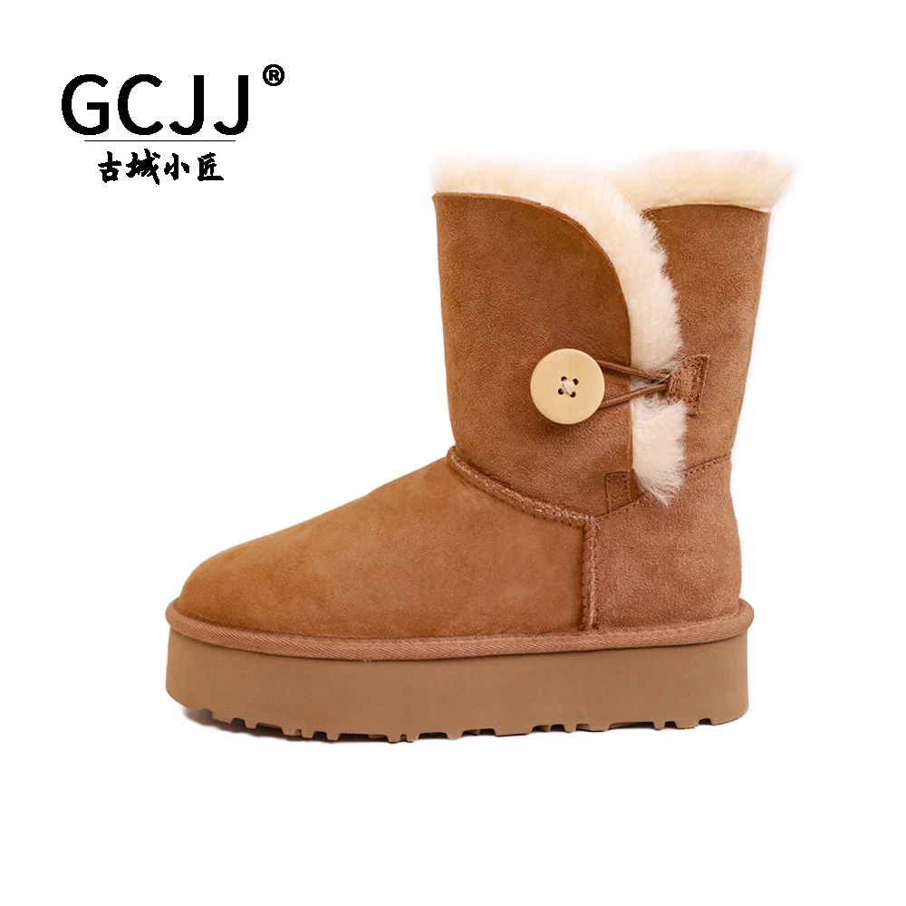 GCJJ【5803中筒木扣厚底】羊皮毛一体雪地靴加厚保暖冬季百搭女款