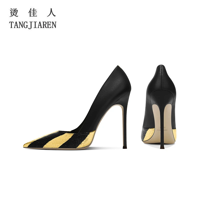 2025年时尚新款设计感蛇纹高跟鞋女细跟拼接性感浅口尖头气质单鞋