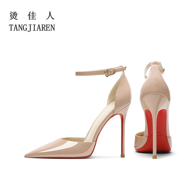 裸色高跟鞋女细跟2025夏季新款性感红底鞋中空一字带包头气质凉鞋