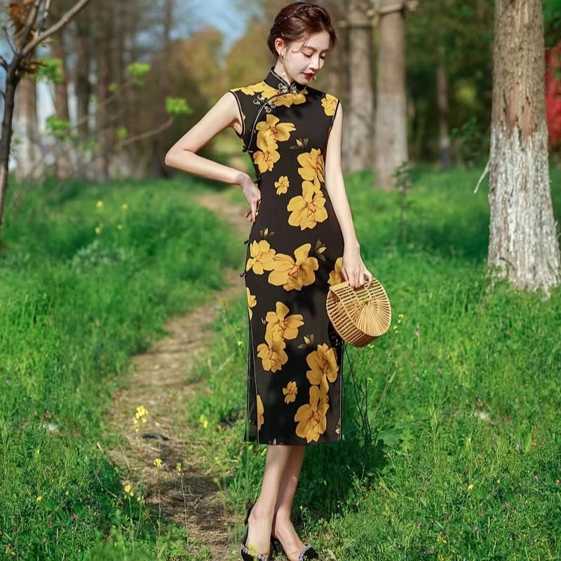 2023年夏季无袖中长款复古风修身显瘦民国气质优雅改良版旗袍裙