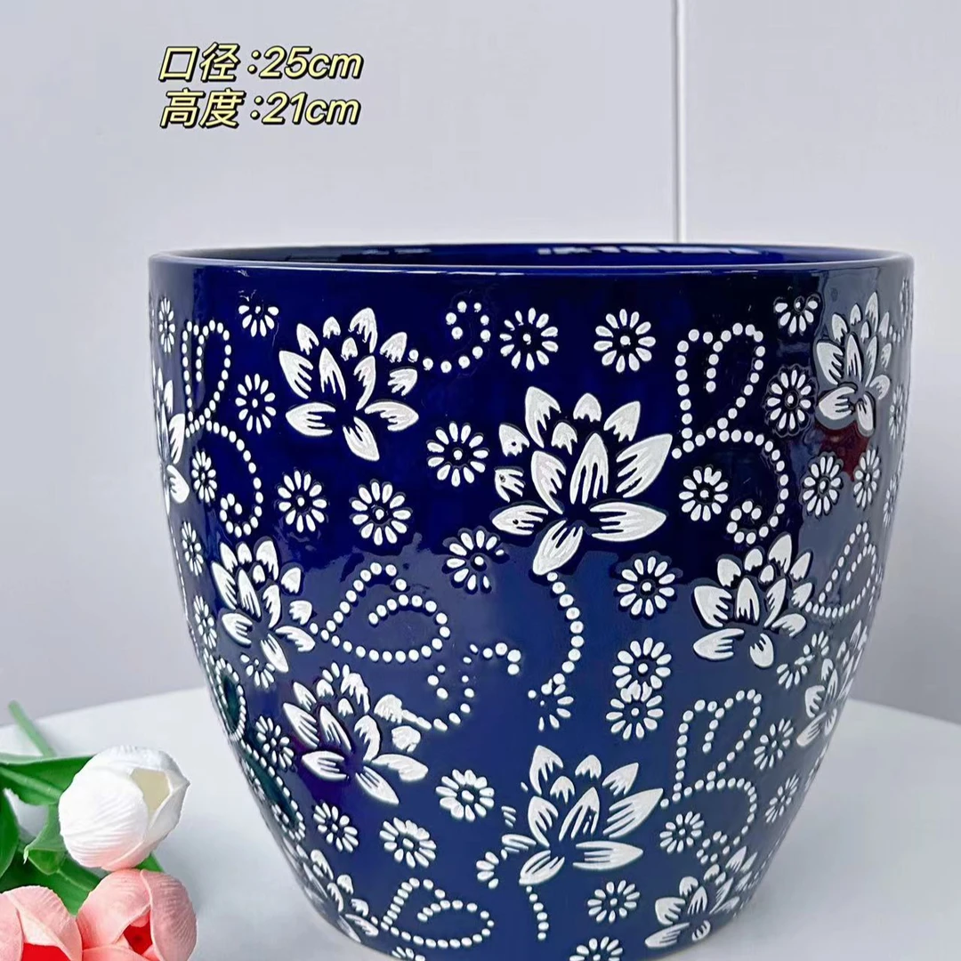 陶瓷花盆青花瓷心花梨形大号口25高21分家用客厅阳台绿植