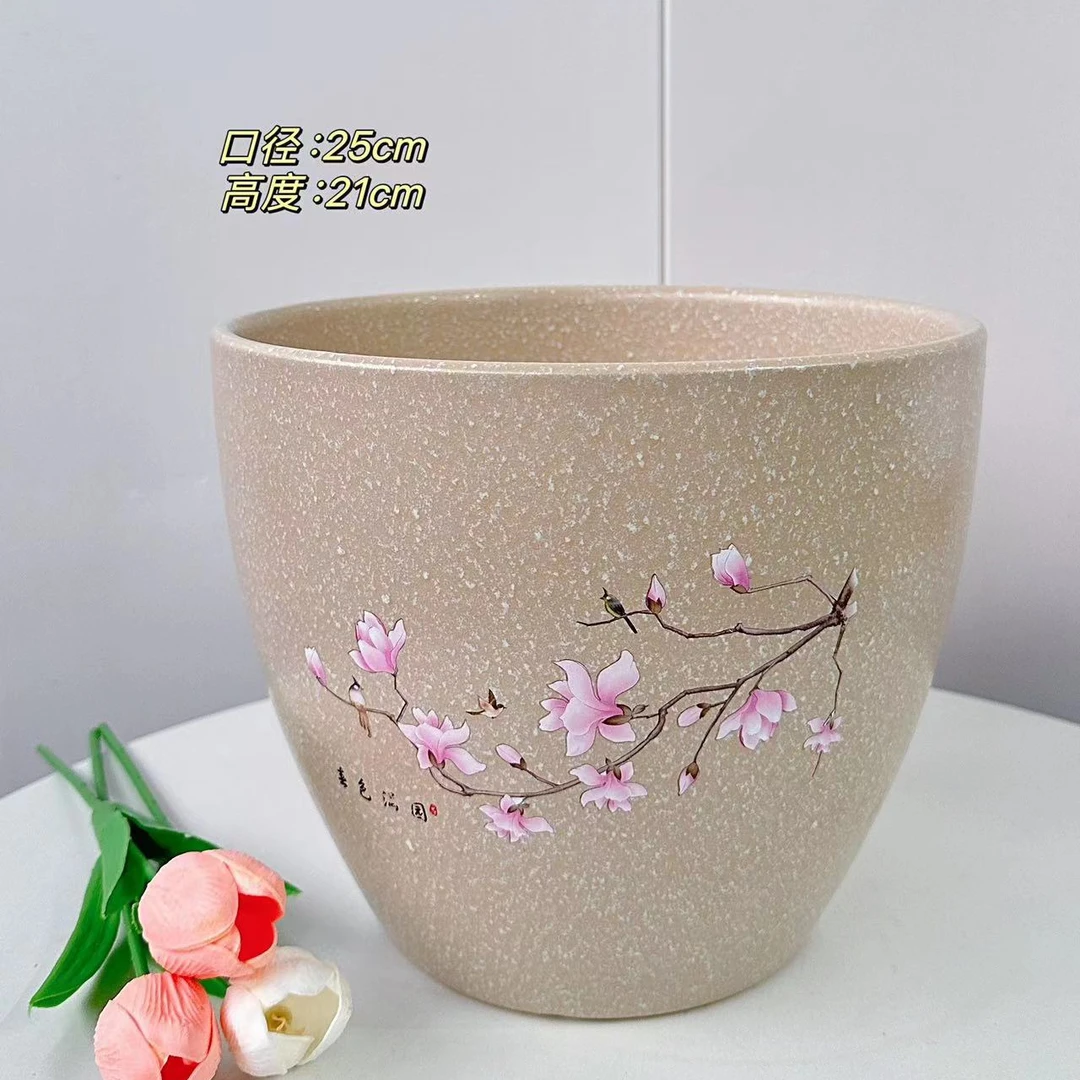 陶瓷花盆卡其古典浮雕花梨形大号口25高21分家用客厅阳台绿植