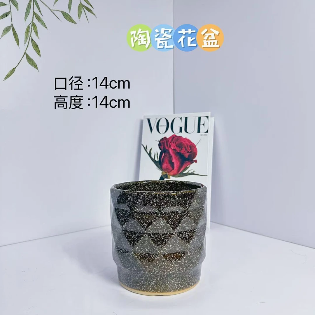 陶瓷花盆三菱咖啡色小号口径14高度14CM发财树金钱树幸福树绿植