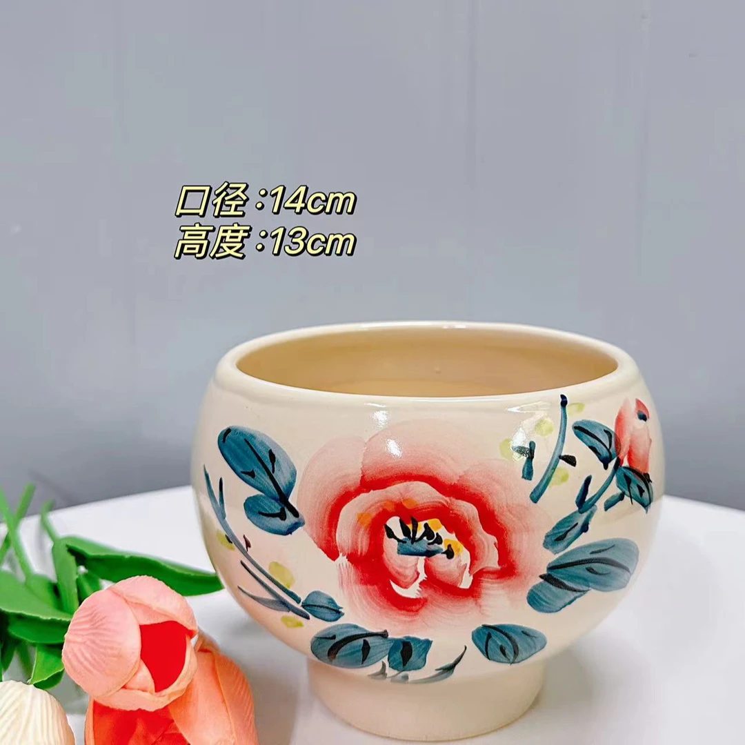 高温陶瓷花盆手绘黄米富贵红花小号口径14高度13分家用阳台绿植