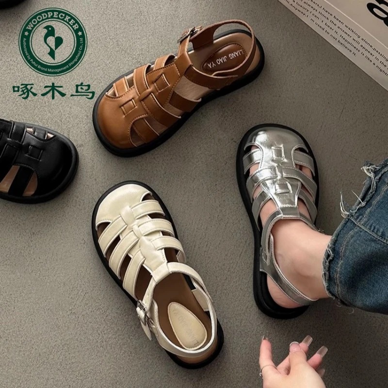 啄木鸟厚底夏季编织凉鞋女2024年女款防滑百搭包头软底猪笼女凉鞋