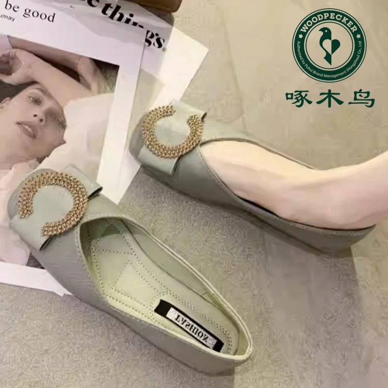 啄木鸟豆豆鞋女春秋2025新款浅口方头单鞋软底百搭工作鞋平底鞋