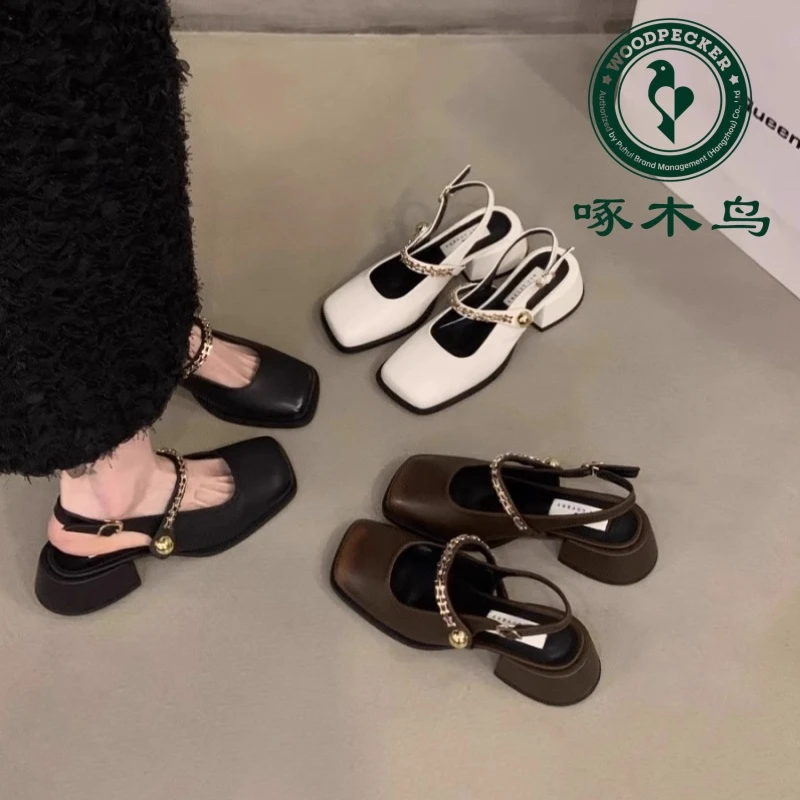 啄木鸟法式复古小香风包头凉鞋2024新款粗跟秋季复古玛丽珍女鞋