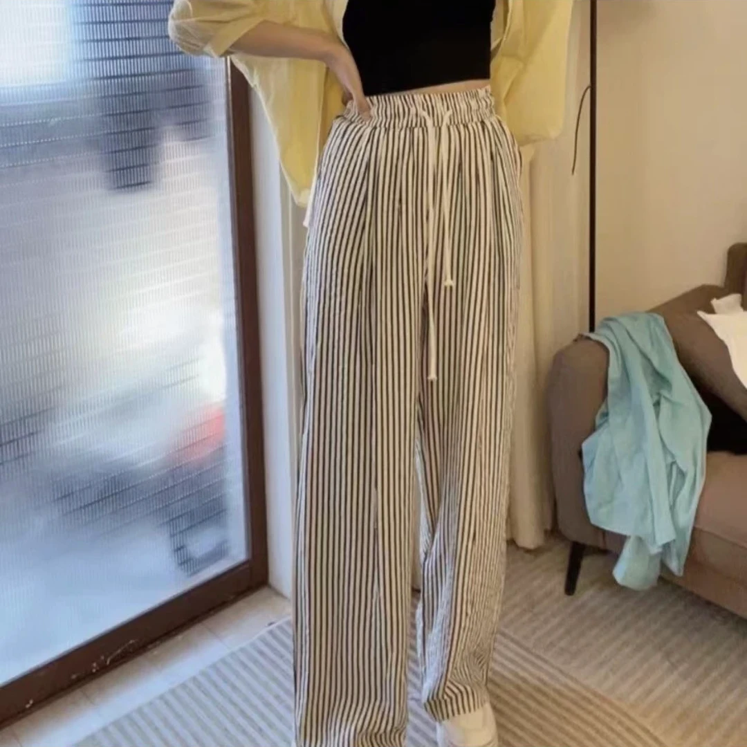 休闲阔腿裤女夏季新款高腰抽绳显瘦垂感直筒裤小个子薄款条纹裤子