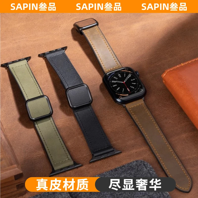 适用苹果iwatch9表带iWatchS8手表表带疯马皮磁吸7代高级男ultra2