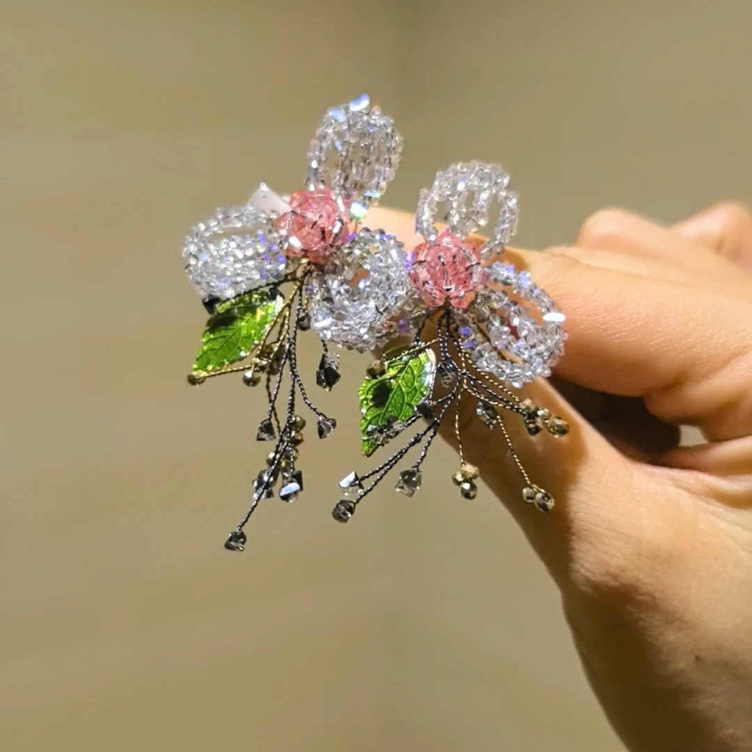 铜合金莫桑石耳饰 山脉油画感编织水晶串珠花朵彩色耳环工厂直营