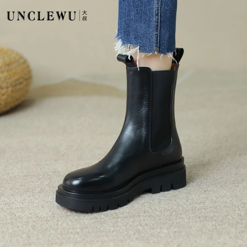 【清仓】冬季加绒切尔西靴显瘦厚底真皮短靴女大码女靴10-049M
