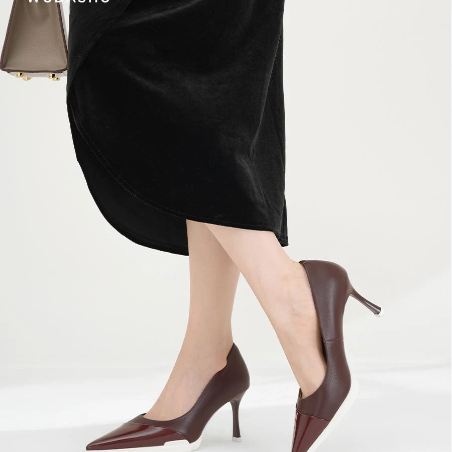 【清仓】吴大叔法式简约漆皮拼色尖头浅口通勤职业OL高跟鞋女86-003