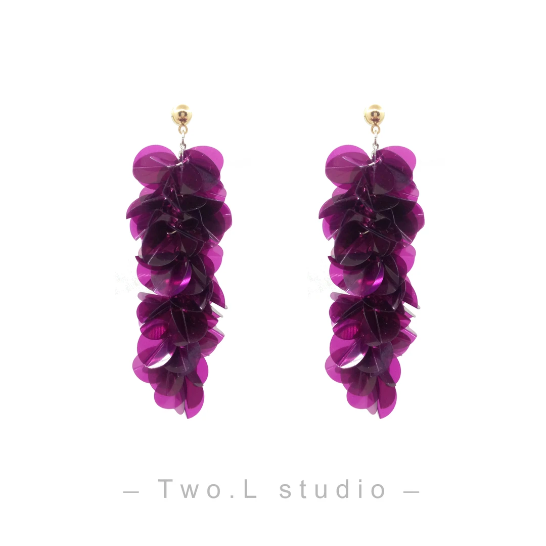 铜合金耳饰 葡萄紫耳环女气质流苏花瓣度假手工吊坠耳夹