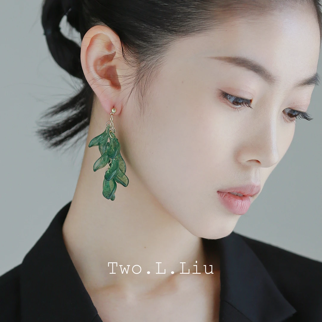 铜合金耳饰 绿色复古耳环新中式琉璃流苏花瓣耳针耳饰耳夹