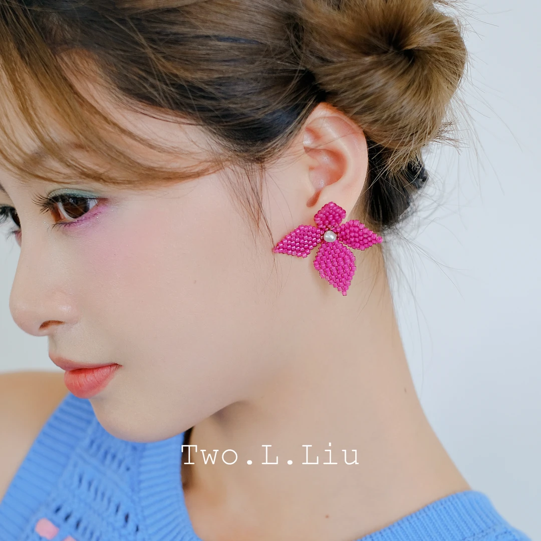 钛钢耳饰 原创设计手工花朵耳环女粉色玫红色复古个性度假风耳饰