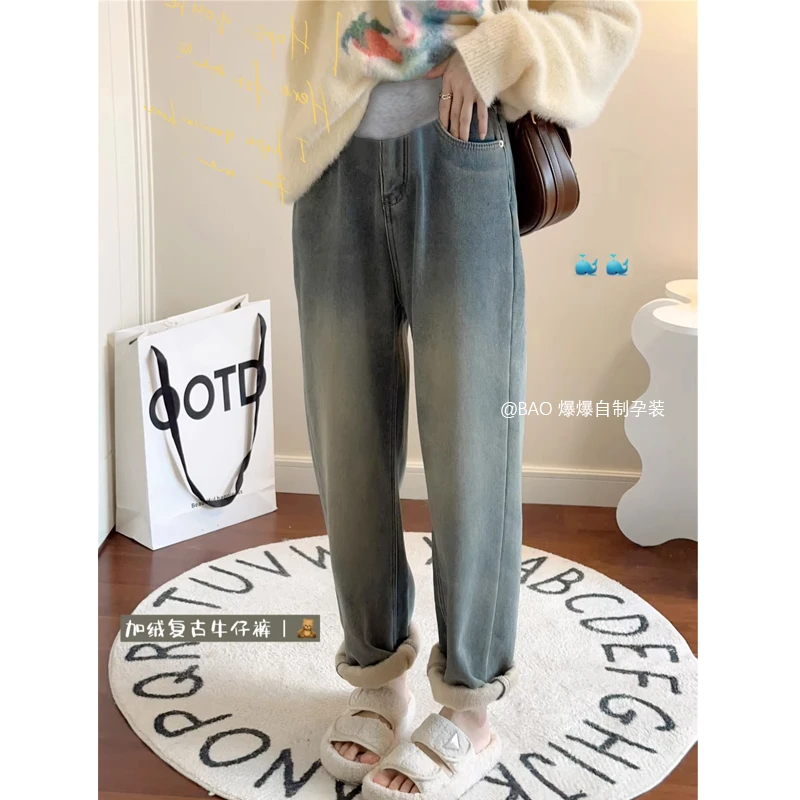 孕妇裤子秋冬季新款外穿宽松显瘦复古蓝加绒加厚哈伦老爹裤牛仔裤