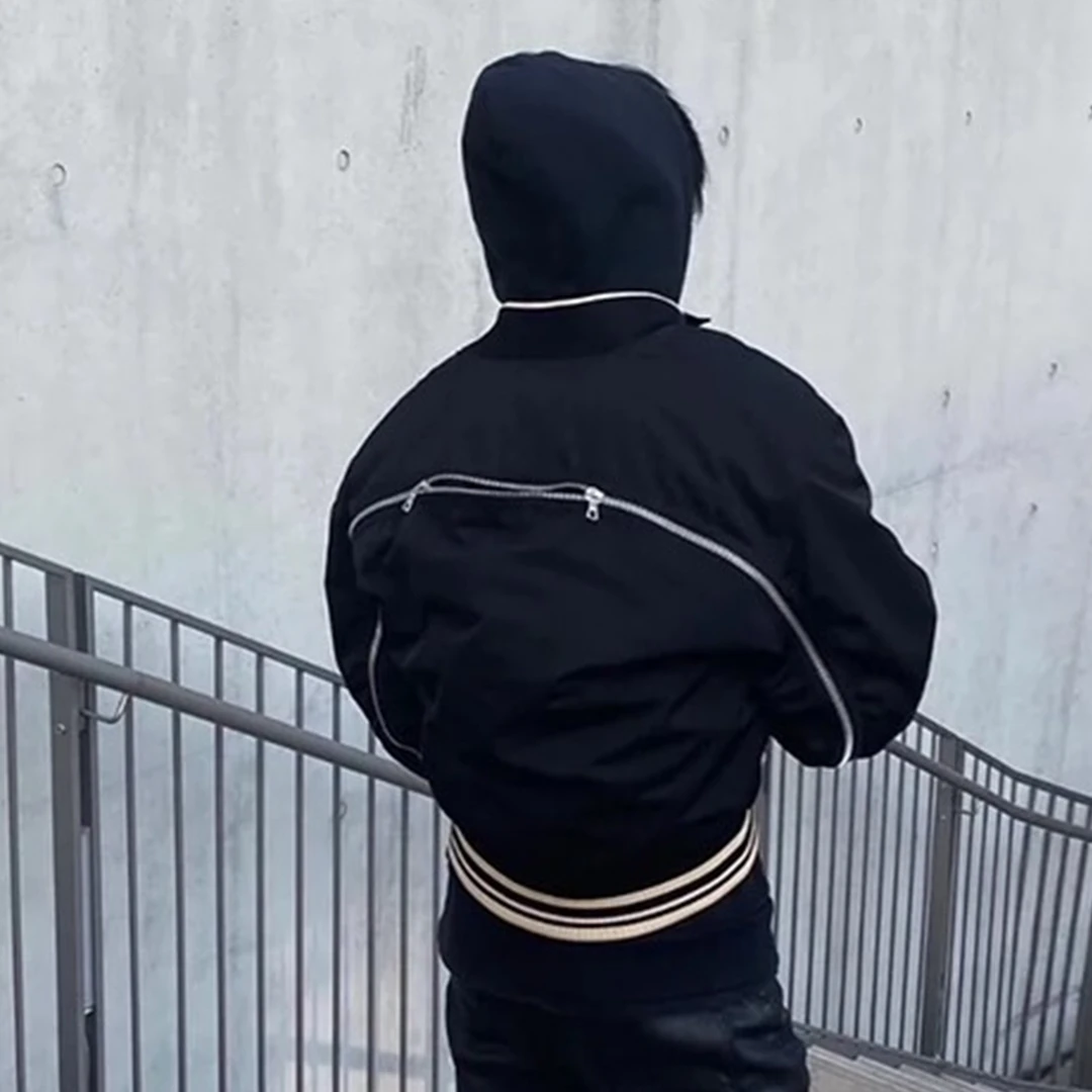 美式休闲简约秋冬后背拉链装饰外套男女同款螺纹拼接尼龙棉服夹克