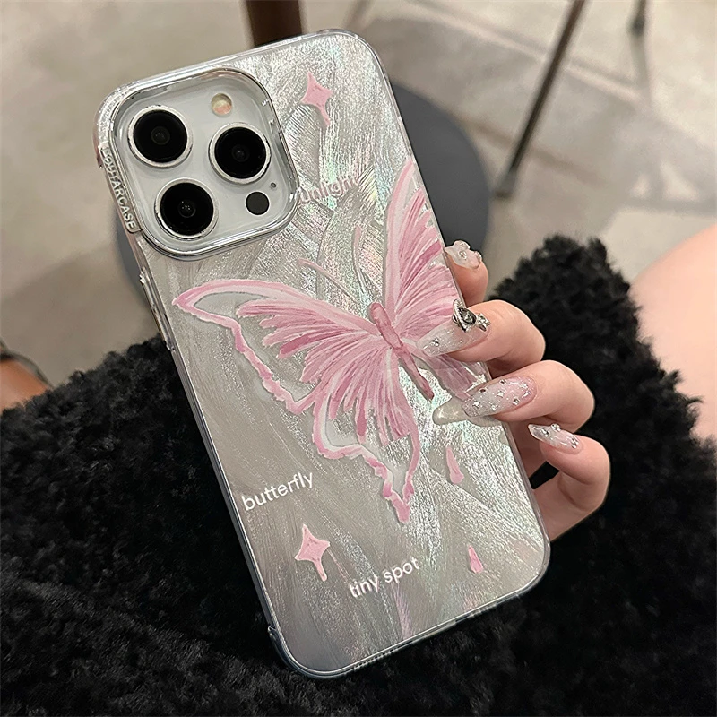 ins粉色蝴蝶羽纱适用iPhone15promax苹果14手机壳13pro少女款镭射