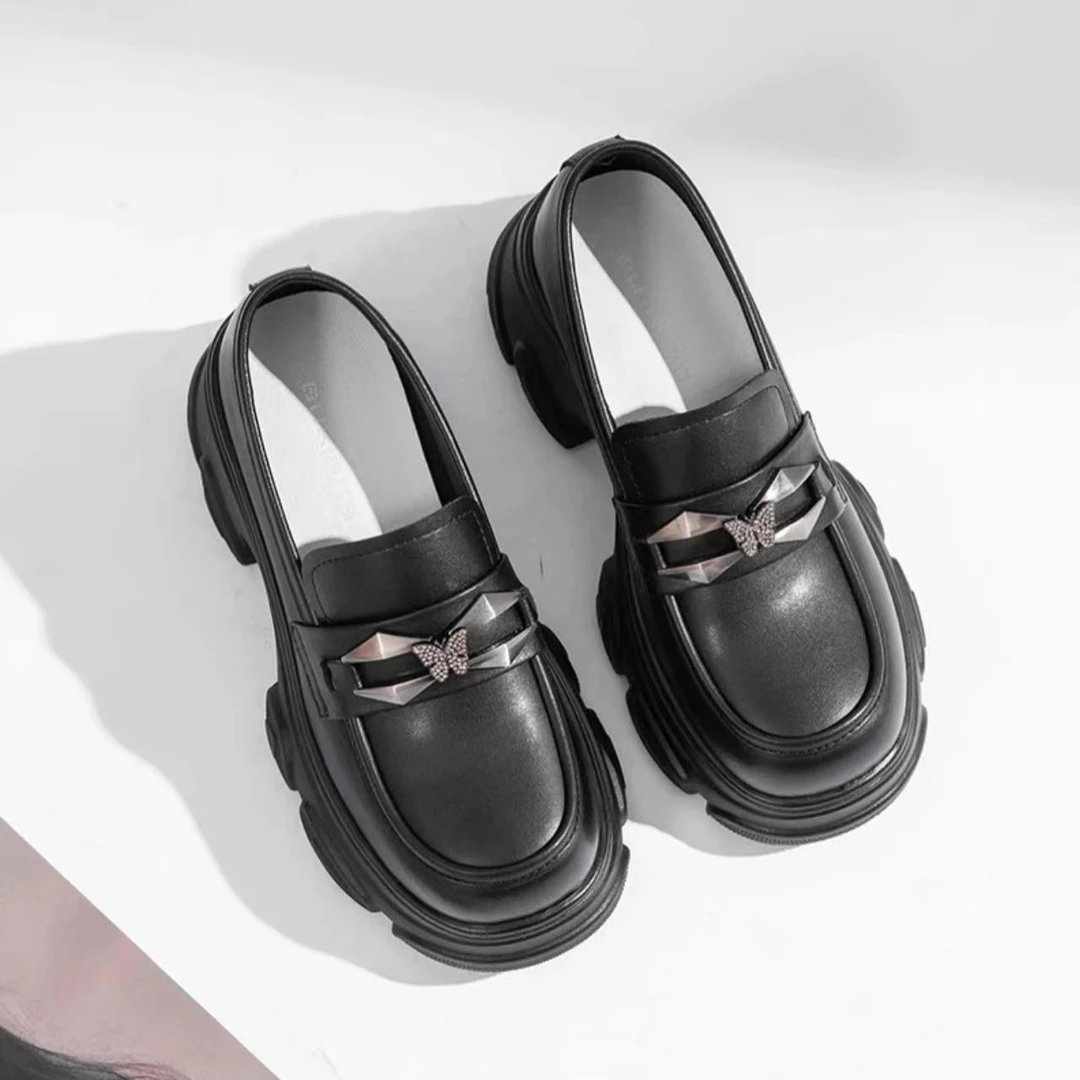 圆头乐福鞋女2024秋季新款厚底金属扣单鞋5002