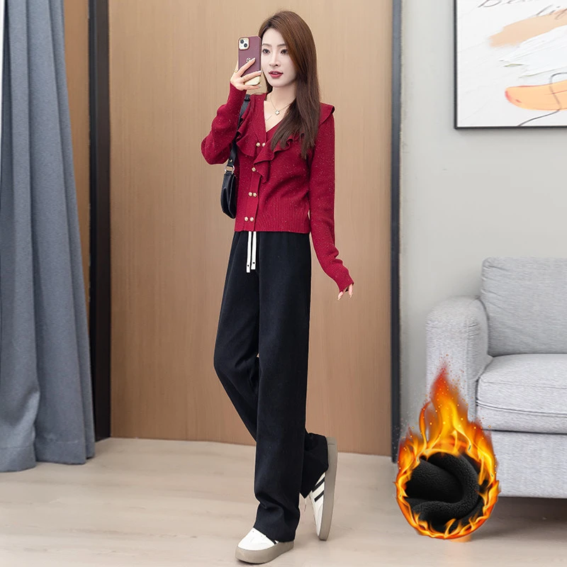 【加厚加绒】秋冬季外穿阔腿裤女高腰显瘦直筒裤保暖宽松大码休闲裤